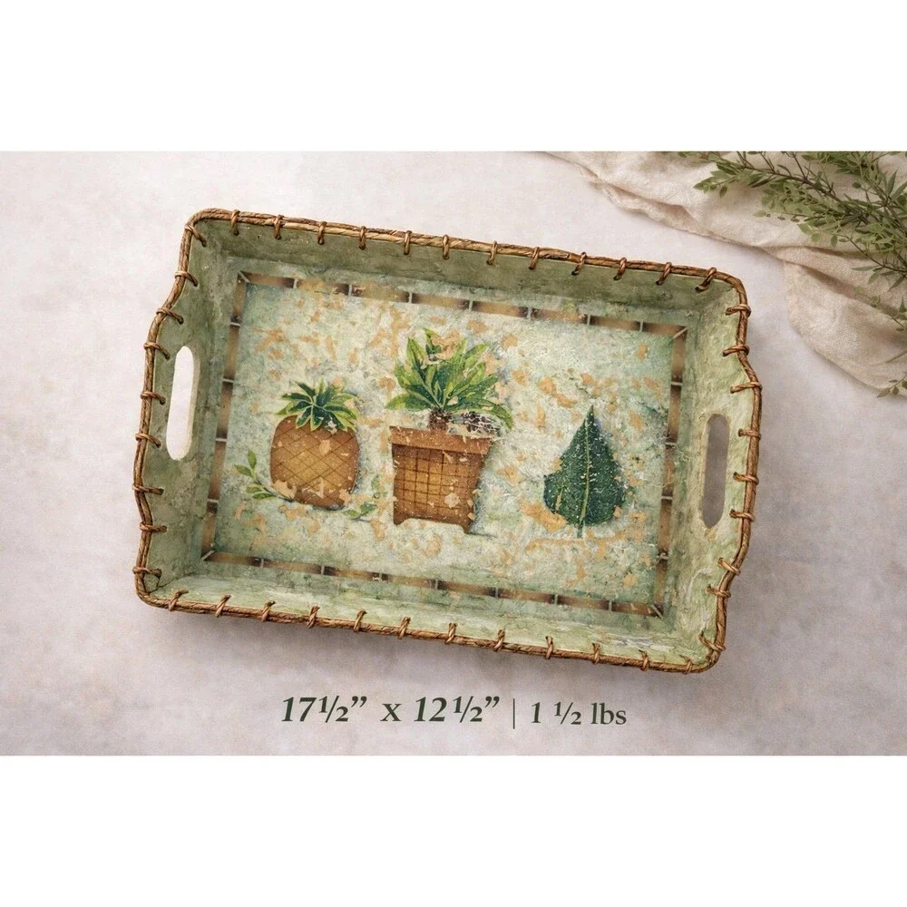 Large Decorative Serving Tray with Handles Rustic Farmhouse Plant Design